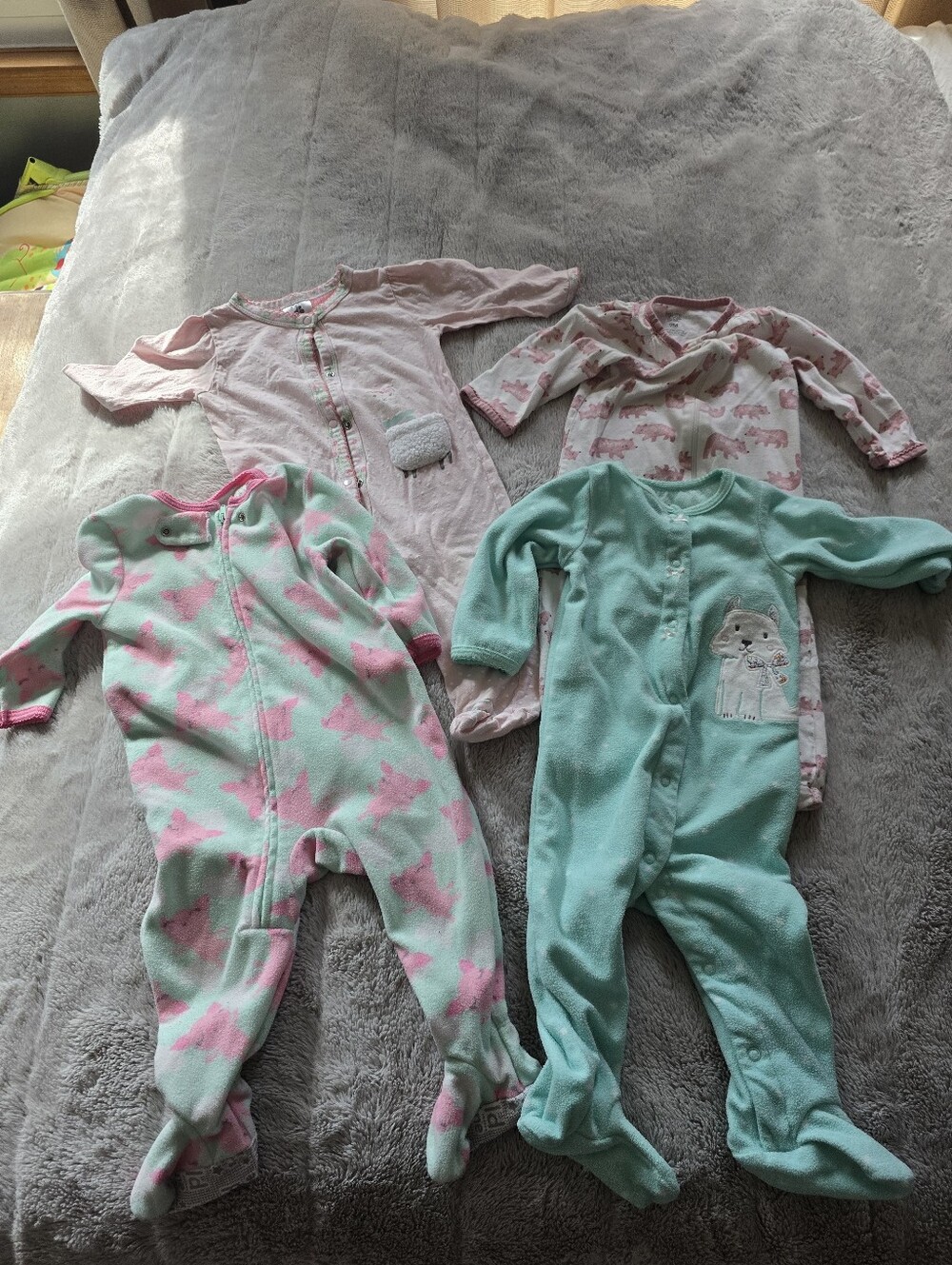 Mint and Pink Baby One-Piece Sleepers - Soft Fleece Footed Pajamas (Set)